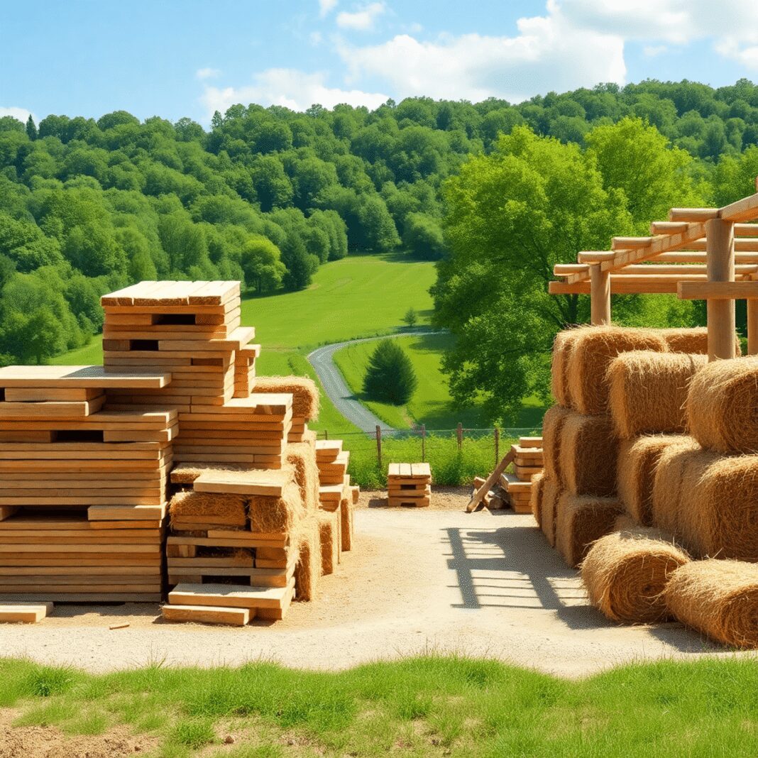 Un site de construction lumineux avec des tas de bois, des fibres de chanvre et des balles de paille, situé dans un paysage rural verdoyant, symbol...