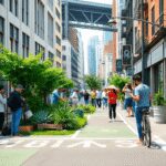 Une rue urbaine animée avec des espaces verts temporaires, des parcs éphémères et des pistes cyclables, où les membres de la communauté planifient ...
