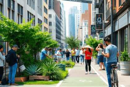 Une rue urbaine animée avec des espaces verts temporaires, des parcs éphémères et des pistes cyclables, où les membres de la communauté planifient ...