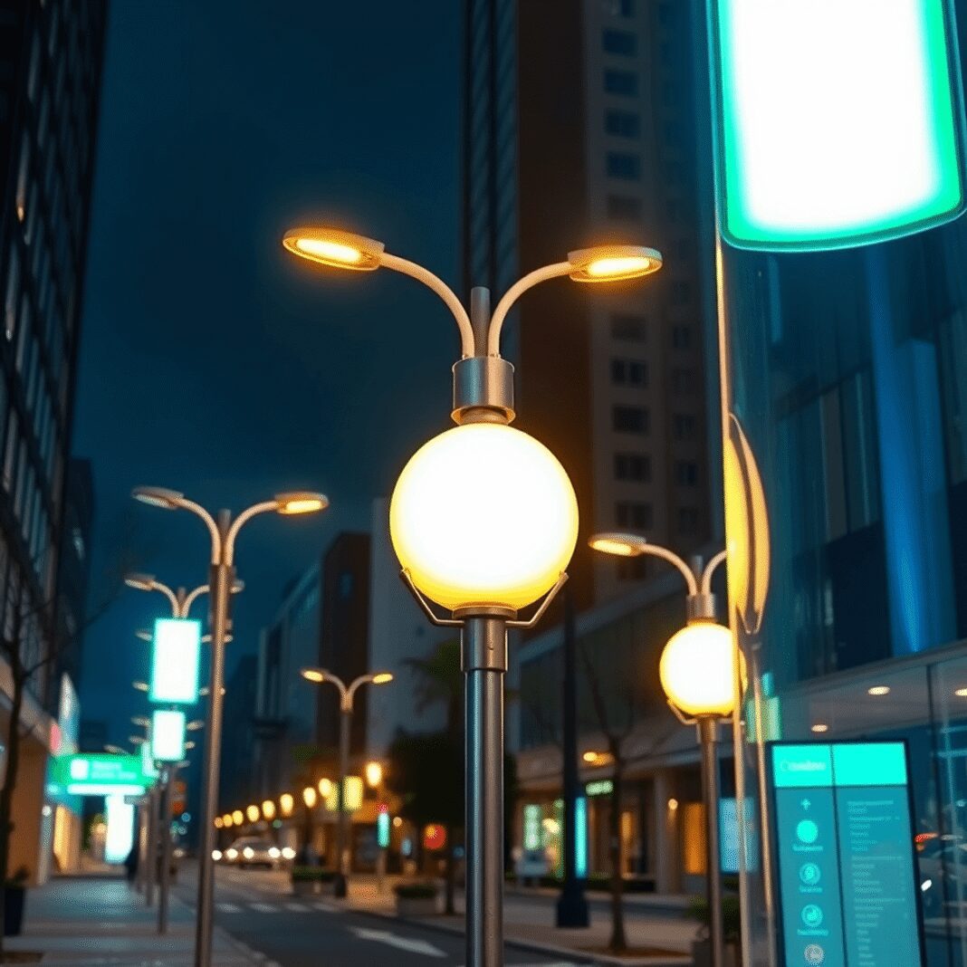 Une rue urbaine moderne la nuit avec des lampadaires écologiques à LED, des matériaux recyclés verts et une atmosphère propre et vibrante mettant e...