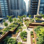 Une scène urbaine réaliste mettant en vedette des jardins de pluie, des pavés perméables et des jardins sur les toits dans un paysage urbain dense,...