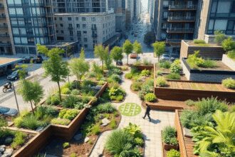 Une scène urbaine réaliste mettant en vedette des jardins de pluie, des pavés perméables et des jardins sur les toits dans un paysage urbain dense,...