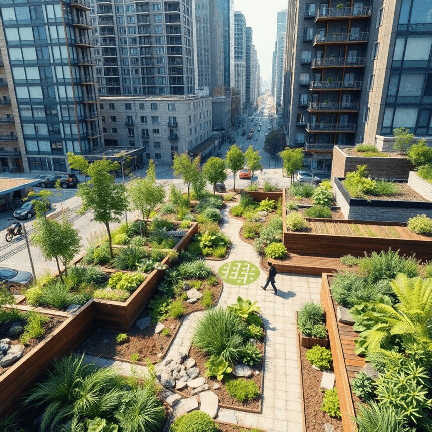 Une scène urbaine réaliste mettant en vedette des jardins de pluie, des pavés perméables et des jardins sur les toits dans un paysage urbain dense,...