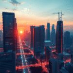Ville futuriste au coucher du soleil avec des lignes d'énergie lumineuses, des panneaux solaires, des éoliennes et des réseaux intelligents interco...