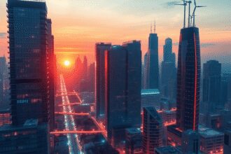Ville futuriste au coucher du soleil avec des lignes d'énergie lumineuses, des panneaux solaires, des éoliennes et des réseaux intelligents interco...