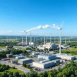 Zone industrielle moderne avec des usines, des espaces verts et des éoliennes sous un ciel bleu clair, mettant en avant l'énergie propre et la dura...