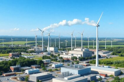 Zone industrielle moderne avec des usines, des espaces verts et des éoliennes sous un ciel bleu clair, mettant en avant l'énergie propre et la dura...