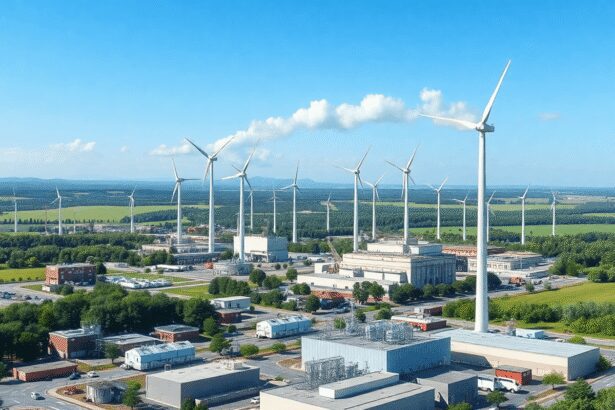 Zone industrielle moderne avec des usines, des espaces verts et des éoliennes sous un ciel bleu clair, mettant en avant l'énergie propre et la dura...