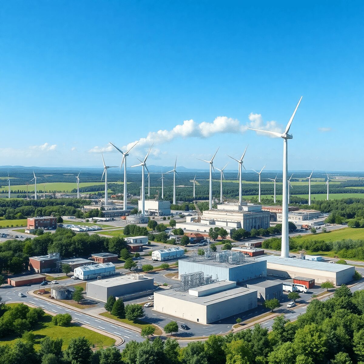 Vers une neutralité carbone dans les zones industrielles françaises : stratégies gagnantes Zone industrielle moderne avec des usines, des espaces verts et des éoliennes sous un ciel bleu clair, mettant en avant l'énergie propre et la dura...
