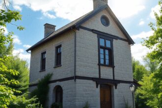 Ancien bâtiment en pierre avec une structure en bois au milieu d'une verdure luxuriante sous un ciel lumineux, symbolisant l'architecture du patrim...