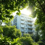 Bâtiment d'appartements moderne et durable entouré de verdure, avec la lumière du soleil filtrant à travers les feuilles et des ondes sonores abstr...