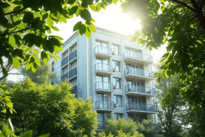 Bâtiment d'appartements moderne et durable entouré de verdure, avec la lumière du soleil filtrant à travers les feuilles et des ondes sonores abstr...