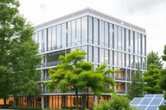 Bâtiment moderne et durable avec des dispositifs IoT intelligents, entouré d'arbres verts et de panneaux solaires, mettant en avant l'efficacité én...