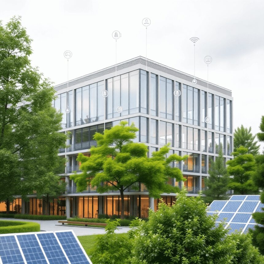 Optimiser le cycle de vie des équipements techniques grâce à l’IoT appliqué au bâtiment durable Bâtiment moderne et durable avec des dispositifs IoT intelligents, entouré d'arbres verts et de panneaux solaires, mettant en avant l'efficacité én...