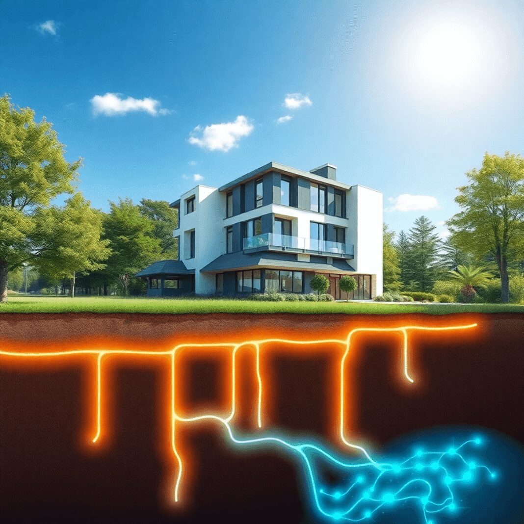 Bâtiment résidentiel moderne avec des tuyaux géothermiques souterrains lumineux sous un paysage verdoyant, illustrant l'utilisation d'énergie durab...
