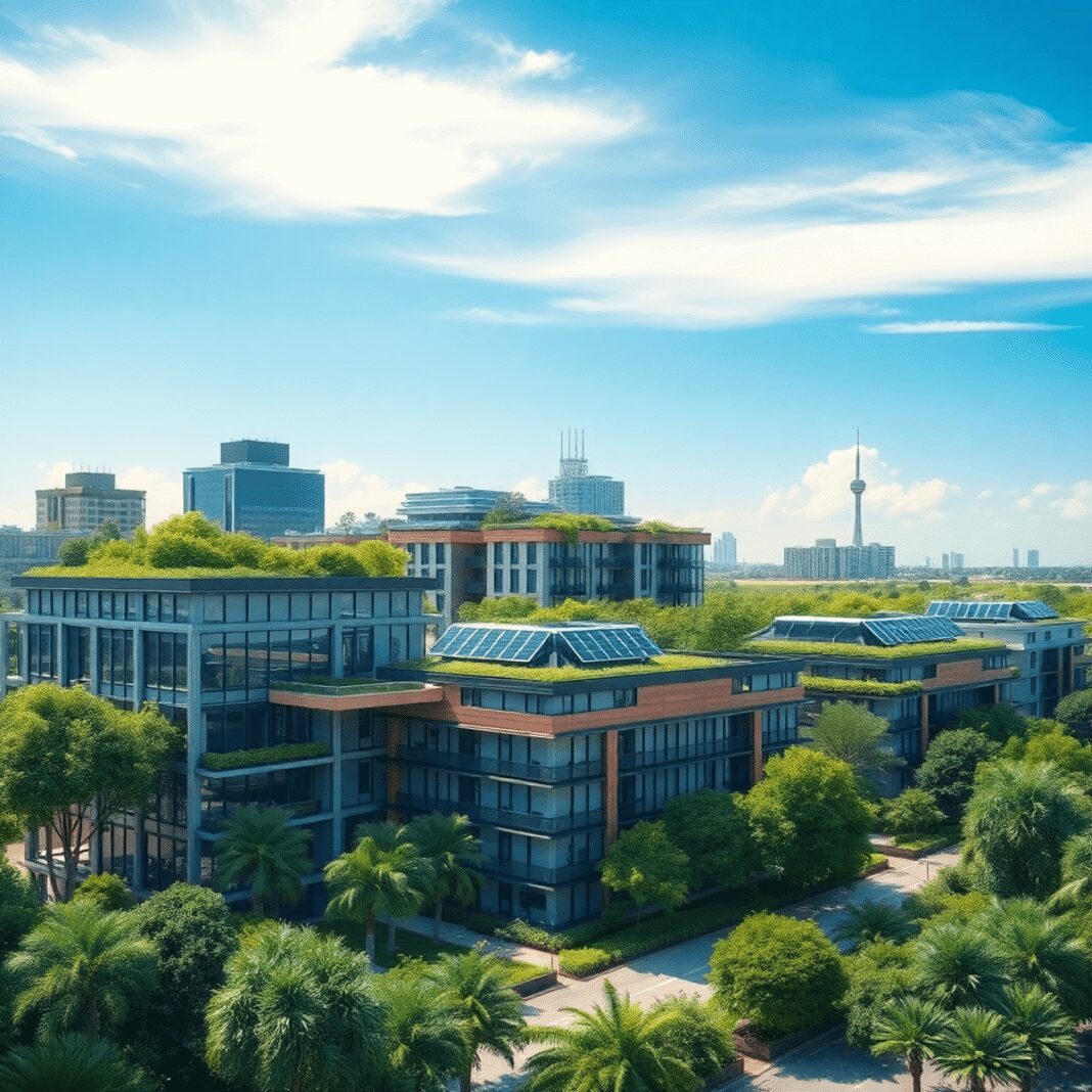 Bâtiments modernes écologiques avec des toits verts et des panneaux solaires, entourés d'arbres luxuriants sous un ciel lumineux, illustrant un mod...
