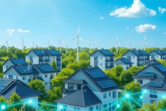 Bâtiments résidentiels modernes avec des panneaux solaires, entourés d'arbres et d'éoliennes, reliés par des lignes de réseau lumineuses sous un ci...