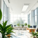 Bureau moderne et lumineux avec de grandes fenêtres, éclairage LED, plantes vertes et matériaux durables dans un design minimaliste et épuré rempli...