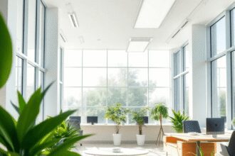 Bureau moderne et lumineux avec de grandes fenêtres, éclairage LED, plantes vertes et matériaux durables dans un design minimaliste et épuré rempli...