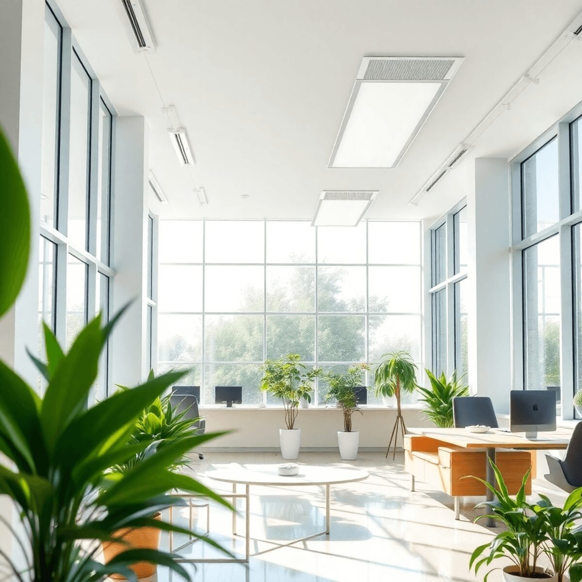 Bureau moderne et lumineux avec de grandes fenêtres, éclairage LED, plantes vertes et matériaux durables dans un design minimaliste et épuré rempli...