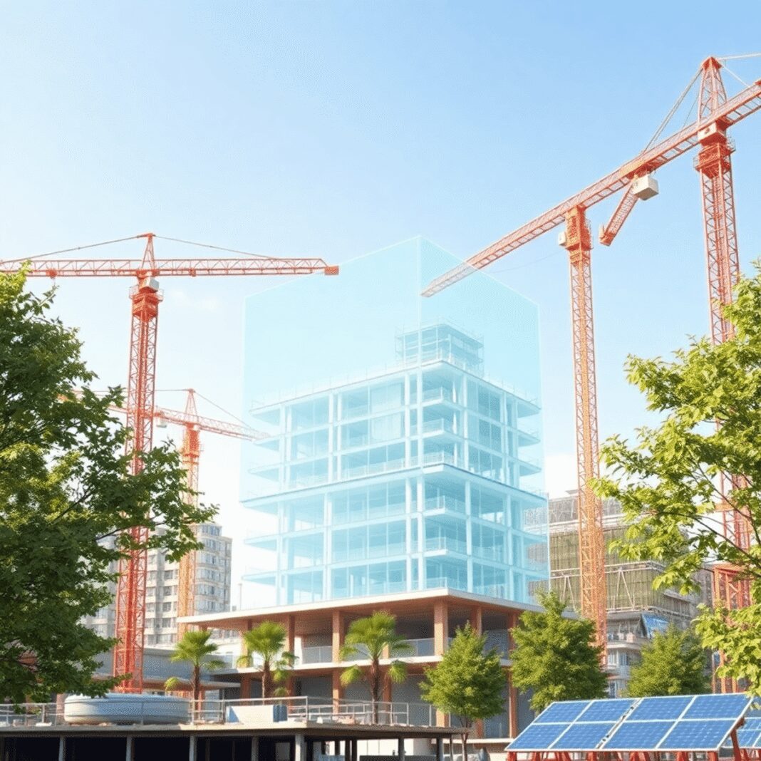 Chantier de construction avec des grues, des échafaudages et un modèle de bâtiment numérique translucide, entouré d'arbres et de panneaux solaires ...