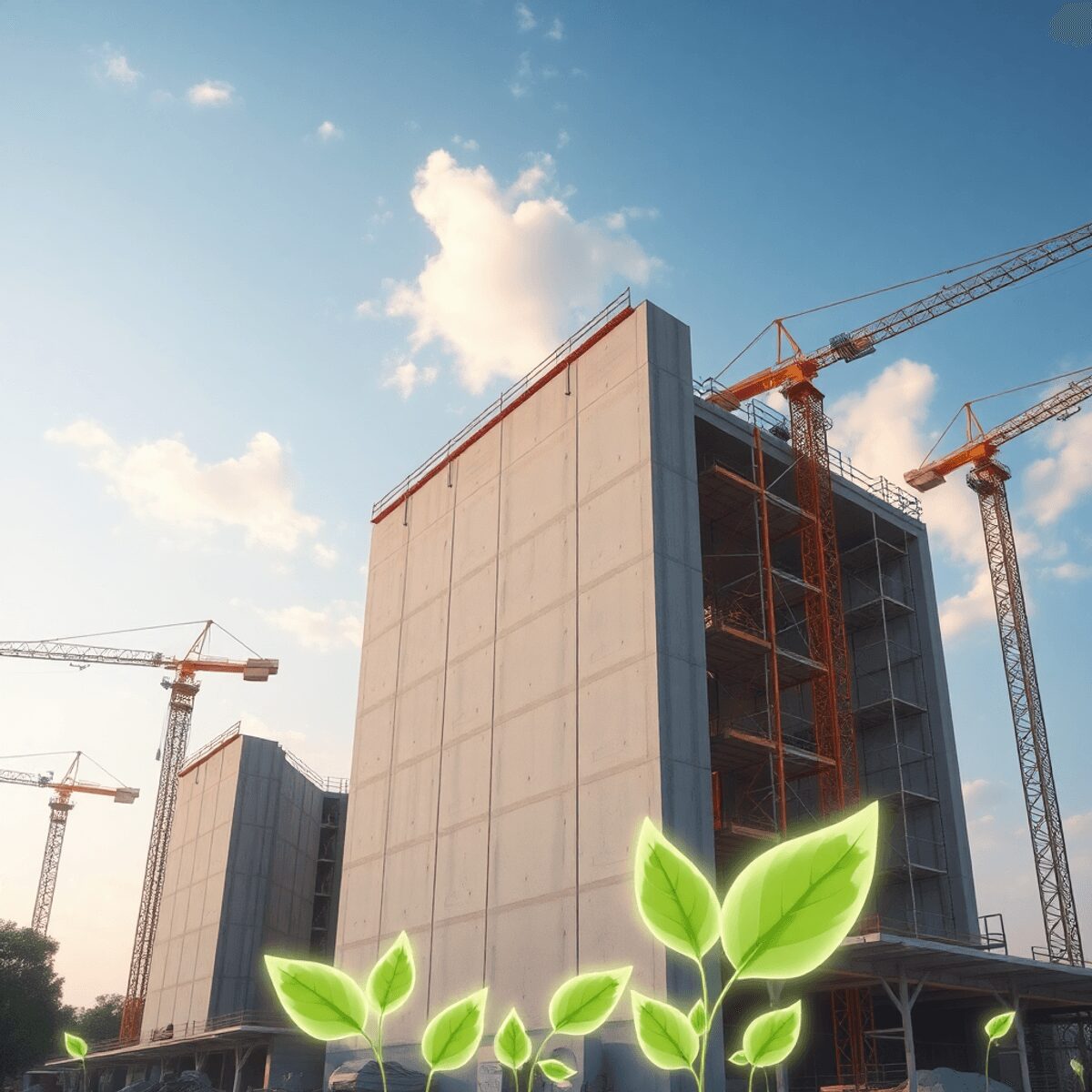 Chantier de construction avec des grues et des échafaudages, grandes structures en béton scintillant avec des feuilles vertes, symbolisant des maté...