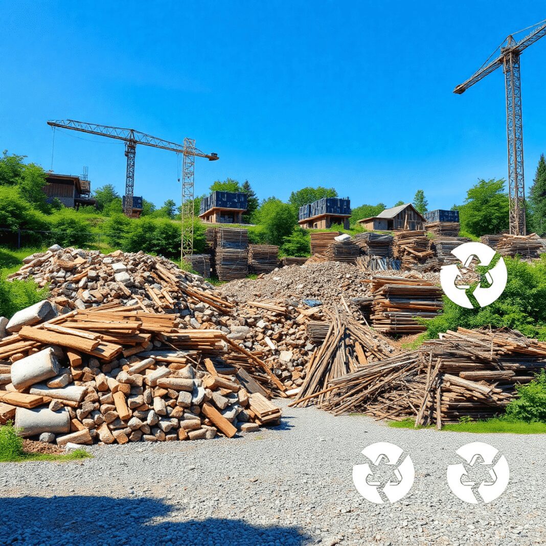 Chantier de construction avec des matériaux recyclables triés, de la verdure et des symboles écologiques sous un ciel bleu clair, mettant en avant ...