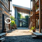 Chantier de construction avec du bois et du métal recyclés, symboles de réutilisation circulaire, bâtiment économe en énergie, entouré de verdure e...