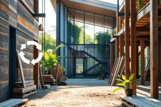 Chantier de construction avec du bois et du métal recyclés, symboles de réutilisation circulaire, bâtiment économe en énergie, entouré de verdure e...
