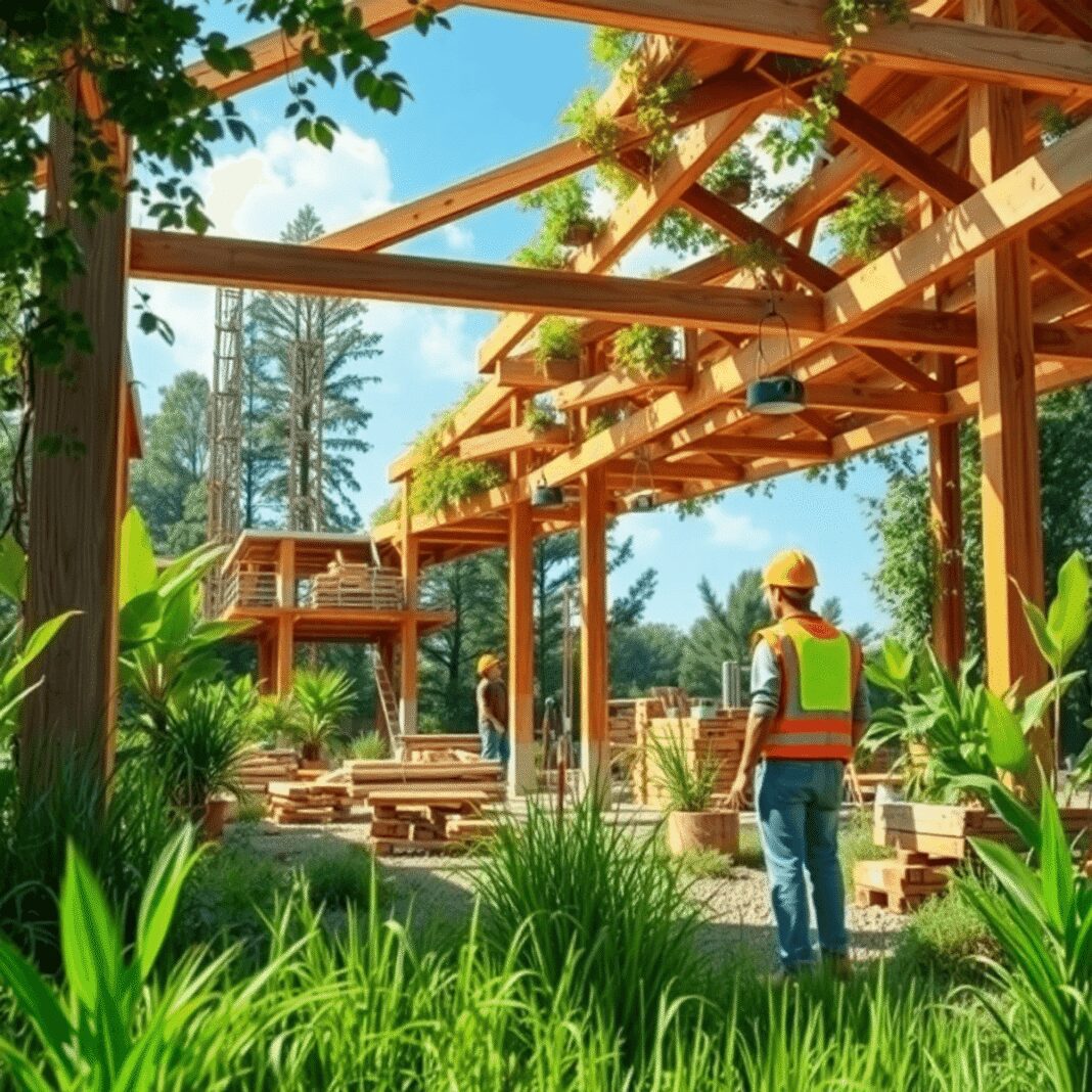 Chantier de construction dans un cadre verdoyant avec des matériaux écologiques, des travailleurs en équipement de sécurité, des plantes en croissa...