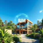 Chantier de construction moderne avec des matériaux écologiques, hologrammes BIM numériques, flèches d'économie circulaire, entouré de verdure sous...