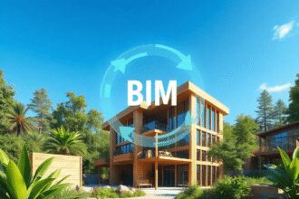 Chantier de construction moderne avec des matériaux écologiques, hologrammes BIM numériques, flèches d'économie circulaire, entouré de verdure sous...