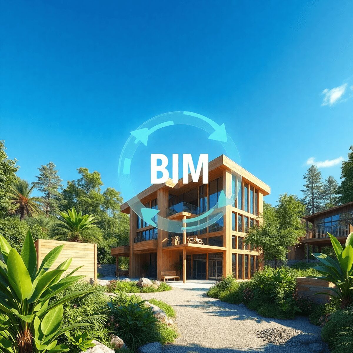 Chantier de construction moderne avec des matériaux écologiques, hologrammes BIM numériques, flèches d'économie circulaire, entouré de verdure sous...