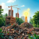 Chantier de construction urbaine avec des tas de déchets organiques se transformant en symboles d'énergie lumineuse, entourés de verdure sous un ci...