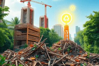 Chantier de construction urbaine avec des tas de déchets organiques se transformant en symboles d'énergie lumineuse, entourés de verdure sous un ci...