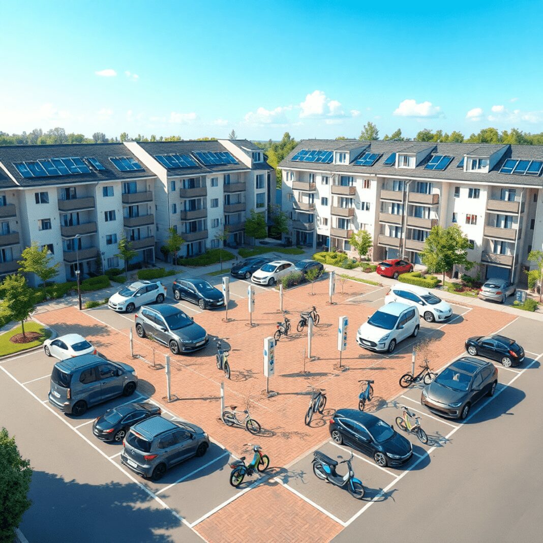Complexe résidentiel moderne avec des véhicules électriques stationnés à des stations de recharge partagées, entouré de verdure et de panneaux sola...