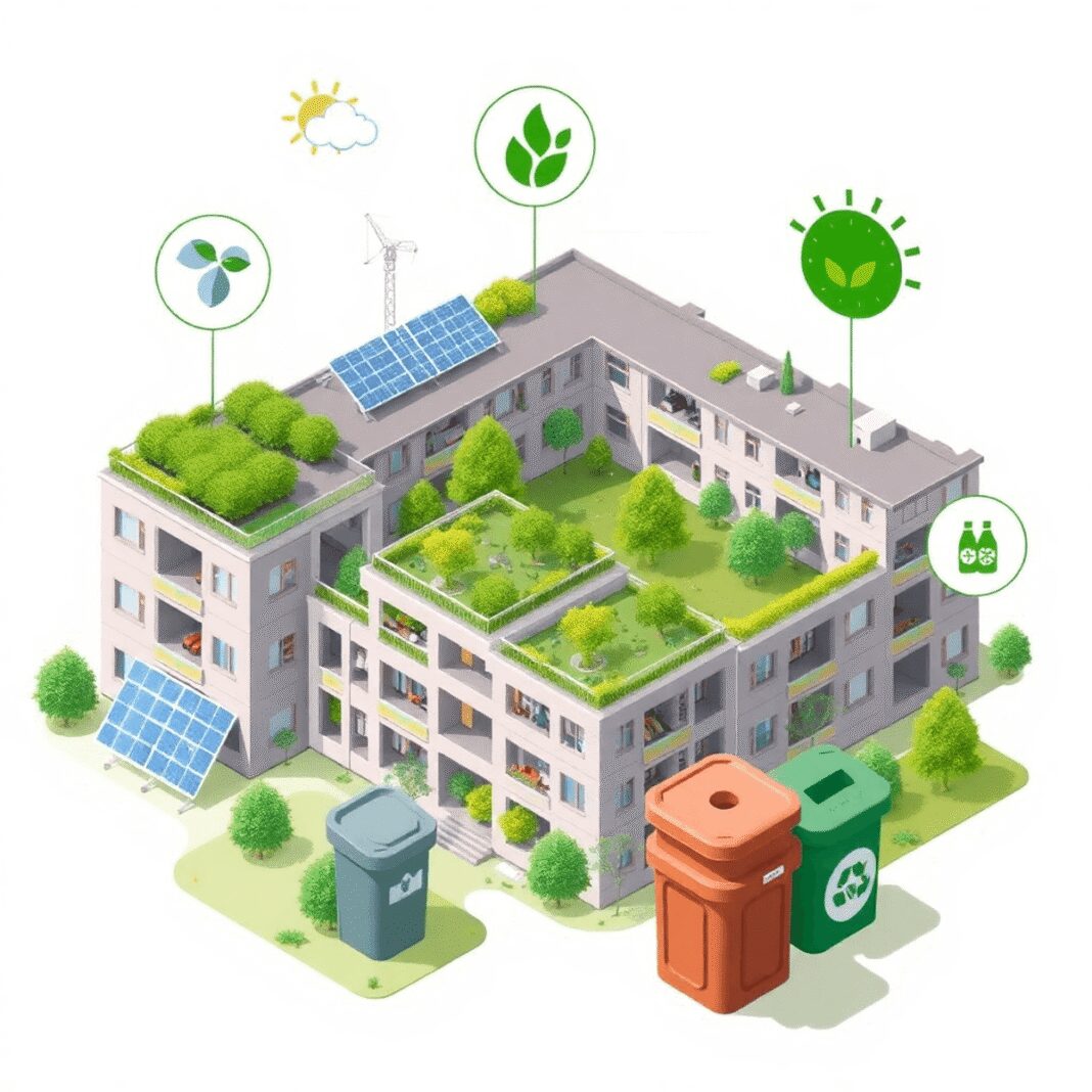 Valorisation énergétique des biodéchets issus de projets immobiliers collectifs : solutions locales innovantes Complexe résidentiel moderne avec espaces verts, bacs à compost, panneaux solaires et icônes de biogaz mettant en avant la gestion durable des déch...