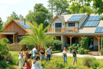 Des personnes collaborant dans un jardin verdoyant, entouré de maisons modernes écologiques avec des panneaux solaires, sous un ciel bleu clair.