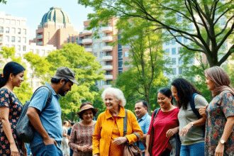 Des personnes de différents âges collaborant à l'extérieur dans un parc urbain verdoyant avec des bâtiments durables et des arbres en arrière-plan,...