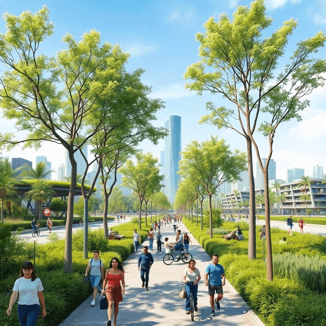 Des personnes marchent et font du vélo sur des chemins bordés d'arbres dans un parc urbain vibrant avec des toits verts et des corridors naturels s...