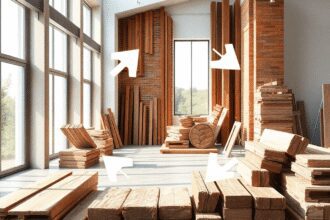 Espace de travail moderne avec du bois récupéré, des briques, du métal et des flèches entrelacées symbolisant l'économie circulaire, baigné de lumi...