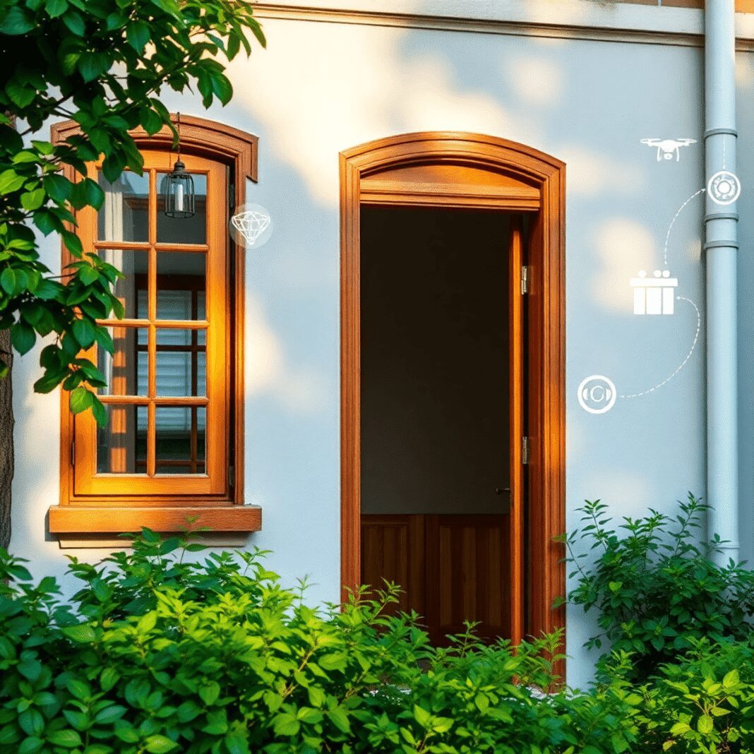 Façade de bâtiment partiellement rénovée avec des fenêtres et des portes en bois restaurées, entourée de verdure et d'icônes technologiques subtile...