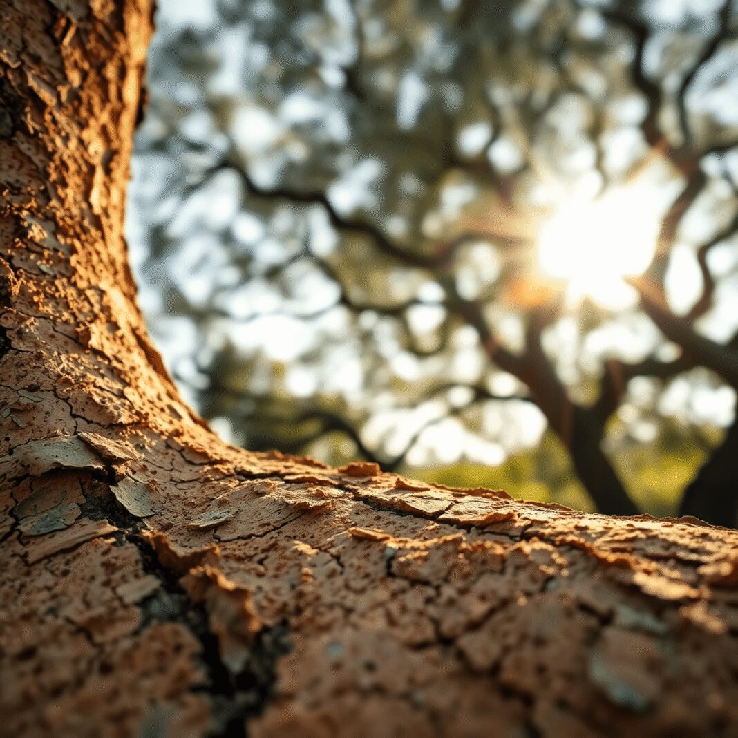 Le potentiel du liège comme isolant biosourcé dans la construction Gros plan de la texture naturelle de l'écorce de liège avec la lumière chaude du soleil filtrant à travers les chênes en arrière-plan, symbolisant ...