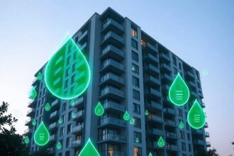 Immeuble d'appartements moderne avec des icônes de capteurs IoT lumineux et des gouttes d'eau numériques dans des teintes vertes et bleues, symboli...