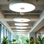 Intérieur de bureau moderne avec des lumières LED élégantes, des capteurs de plafond, de la lumière naturelle provenant de grandes fenêtres et des ...