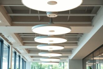 Intérieur de bureau moderne avec des lumières LED élégantes, des capteurs de plafond, de la lumière naturelle provenant de grandes fenêtres et des ...