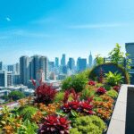 Jardin sur le toit luxuriant avec des plantes colorées surplombant une ligne d'horizon de ville moderne sous un ciel bleu clair, mettant en valeur ...