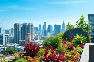 Jardin sur le toit luxuriant avec des plantes colorées surplombant une ligne d'horizon de ville moderne sous un ciel bleu clair, mettant en valeur ...