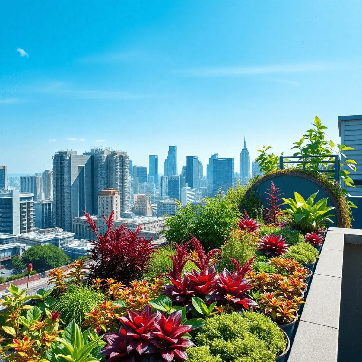 Jardin sur le toit luxuriant avec des plantes colorées surplombant une ligne d'horizon de ville moderne sous un ciel bleu clair, mettant en valeur ...