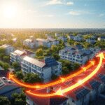 Logement urbain moderne avec des panneaux solaires, des espaces verts et des flèches lumineuses illustrant le flux d'énergie thermique pour une vie...